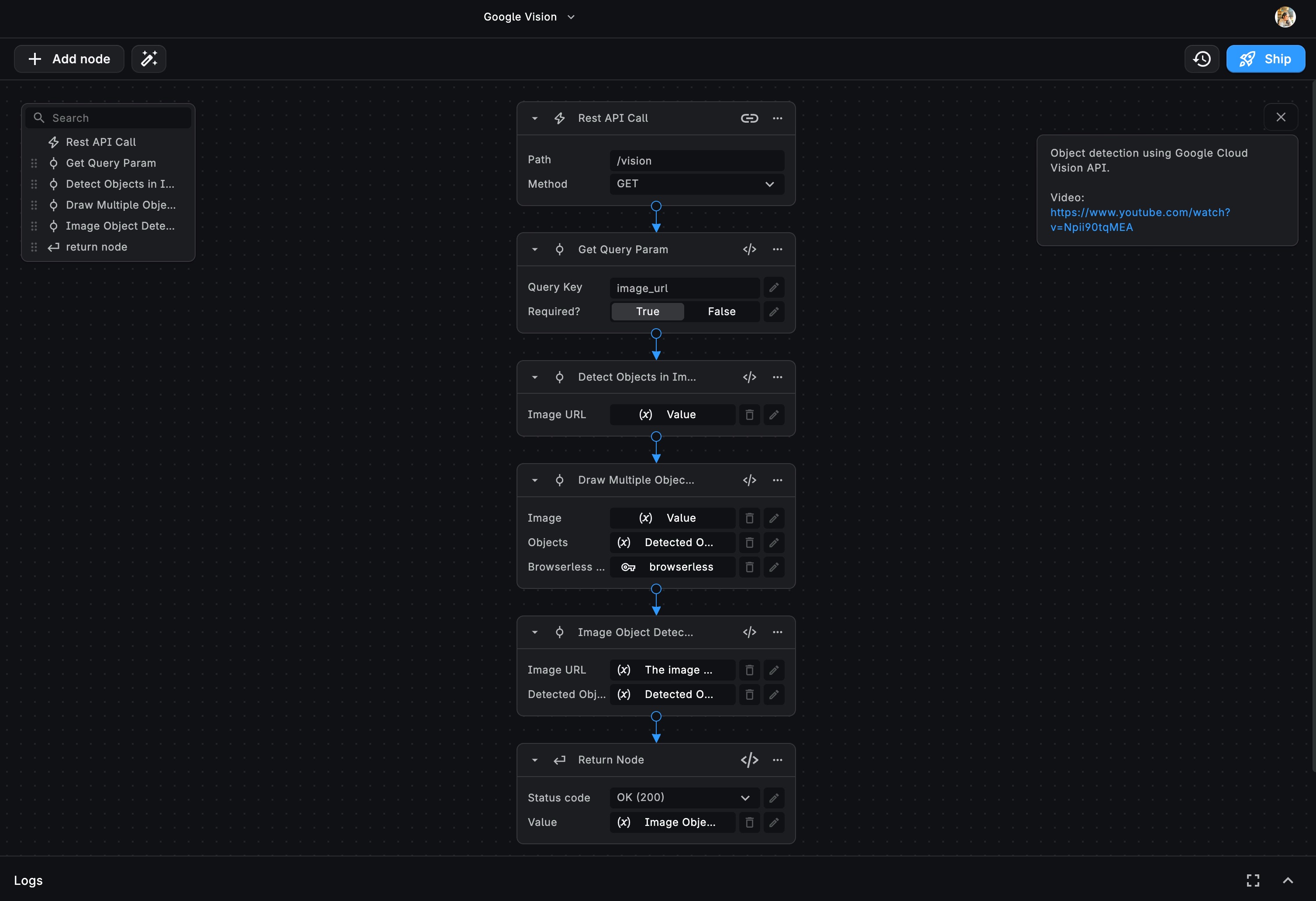Object Detection Workflow Architecture in BuildShip